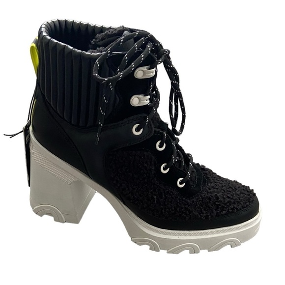 NWT Sorel Brex Heel Cozy Lace Booties in Black/Sea Salt Platform Chunky - Picture 5 of 11